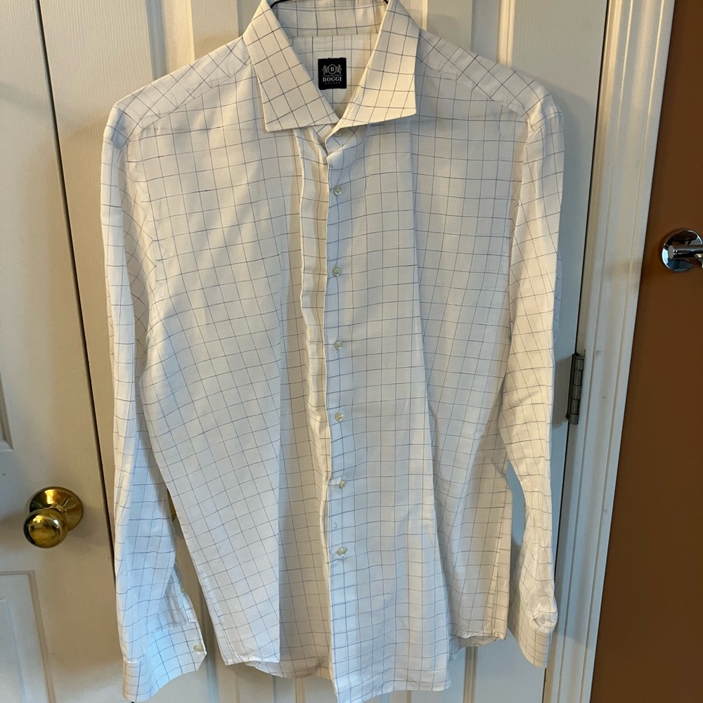 Boggi Milano Men’s Casual Button Down Shirt, 17 1/2, 44, Blue / White